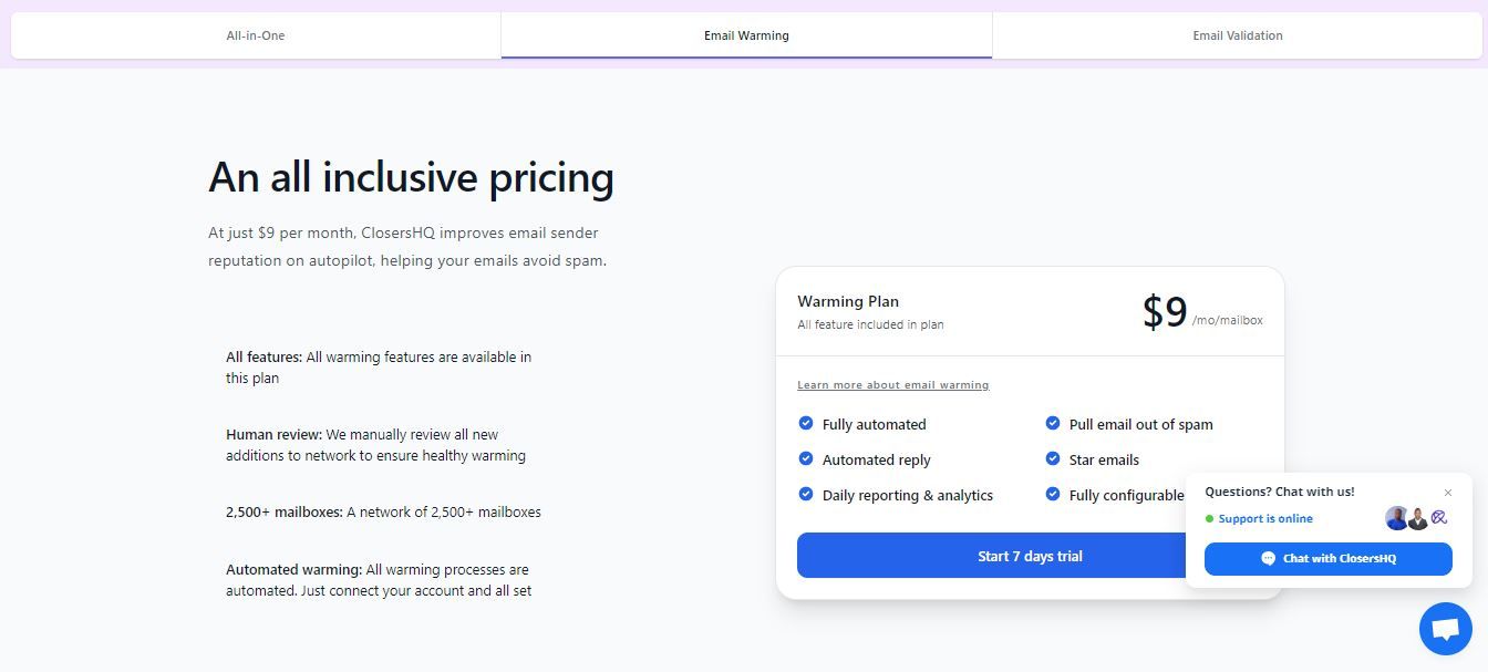 ClosersHQ Email WarmUp Pricing