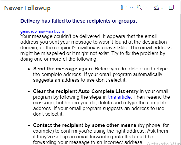 Sample Email Bounce due to Inexisting Mailbox or Expired Domain