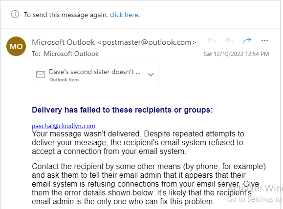 Sample Email Bounce Caused by Recipient's Email Server Rejection